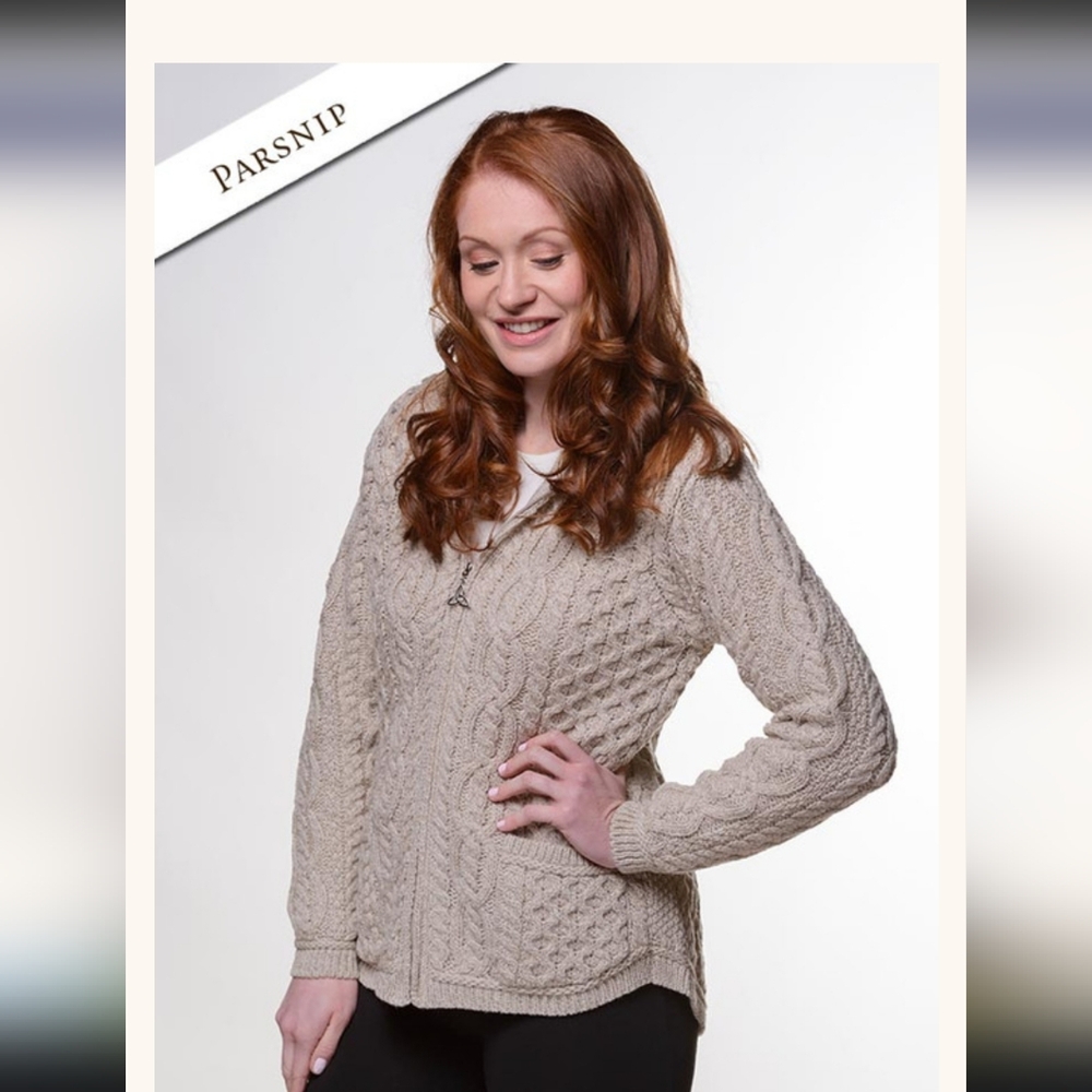 Aran Mor Ireland Cable Knit Hoodie with Celtic Knot Zipper Pull - Picture 2 of 8